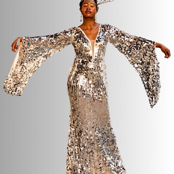 Silver Shadow Sequin Semi-Flair Elegant Gown - Picture 2 of 7